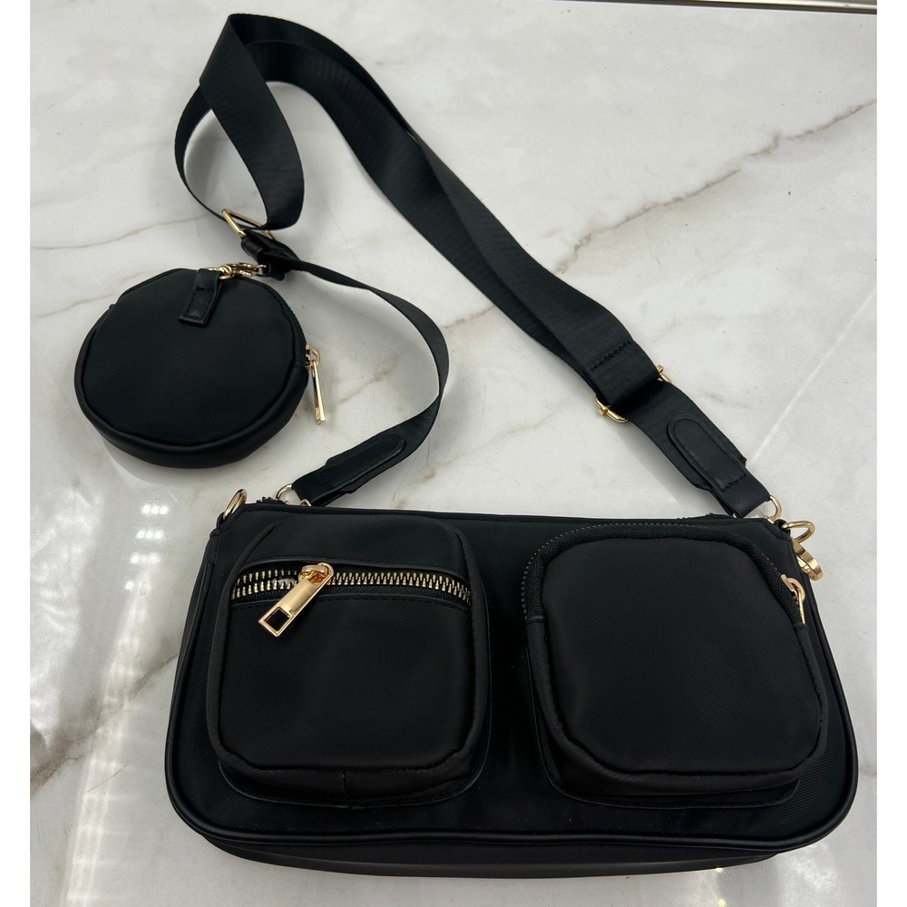 Black Utility Crossbody Bag with Front Pockets & Detachable Coin Purse Gold Zip